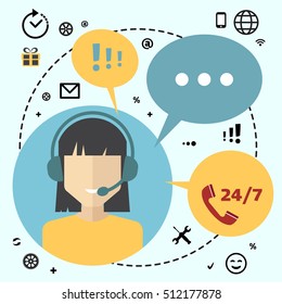 Call center telemarketing woman operator. Customer support and telephone sales concept. Flat avatar and icons.