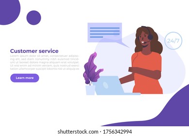Call center template. Customer service, hotline concept. Office workers with headsets, telemarketing agents. Vector illustration