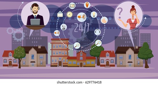 Call center town horizontal concept. Cartoon illustration of call center town banner horizontal vector for web