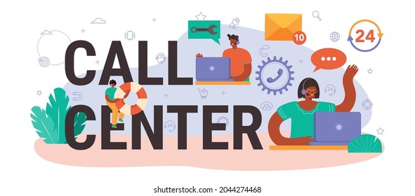 Cabecera tipográfica del centro de llamadas. Idea de un servicio al cliente o soporte técnico. Un consultor ayuda a un cliente a proporcionarle información valiosa. Ilustración vectorial en estilo plano