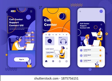 Call center unique design kit for social networks stories. Customers support, hotline operator assistance mobile screen templates. UI UX layouts vector illustration. GUI set with people characters.