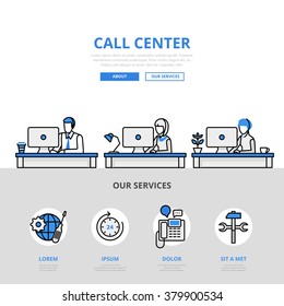 Call center user support office workplace concept flat line art vector icon. Modern website infographics illustration hero image web banner printed material. Line art collection.