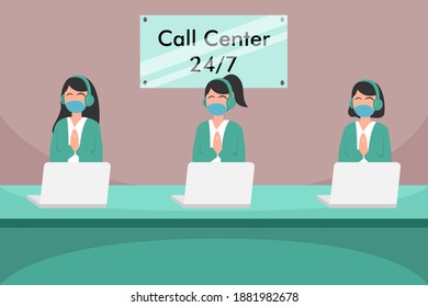 Call center vector concept: Female call center operator wearing face mask while working with laptop and headphones