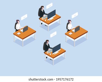 Call center vector concept. Group of call center operators working with headphone and computer while sitting together in the office