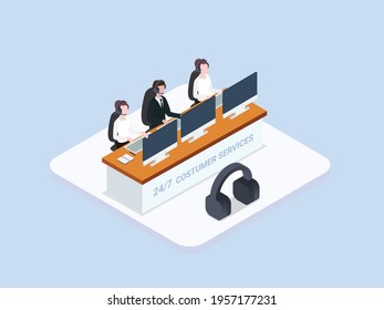 Call center vector concept. Three call center operators working with headphone and computer in the office while giving 24 hours service