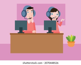 Call center vector concept. Two call center operators working with headphone and computer in the office