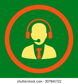 Call center vector icon. This rounded flat symbol is drawn with orange and yellow colors on a green background.