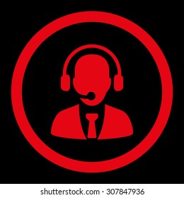 Call center vector icon. This rounded flat symbol is drawn with red color on a black background.