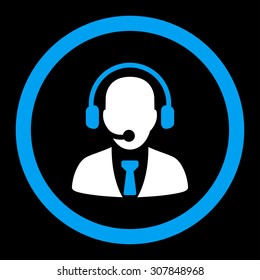 Call center vector icon. This rounded flat symbol is drawn with blue and white colors on a black background.