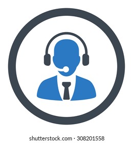 Call center vector icon. This rounded flat symbol is drawn with smooth blue colors on a white background.