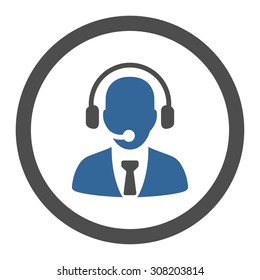 Call center vector icon. This rounded flat symbol is drawn with cobalt and gray colors on a white background.