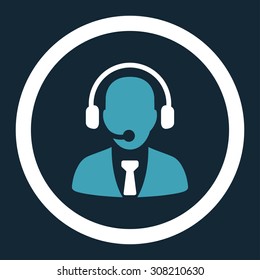 Call center vector icon. This rounded flat symbol is drawn with blue and white colors on a dark blue background.