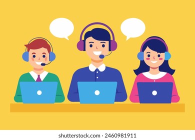 Call center. Vector illustration of Customer service, hotline operators with headsets