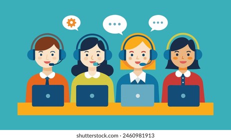 Centro de llamadas. Ilustración vectorial de Servicio al cliente, operadores de línea directa con auriculares