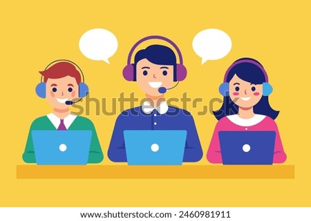 Call center. Vector illustration of Customer service, hotline operators with headsets