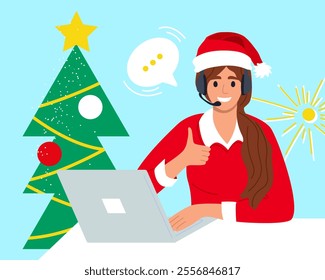 Call center, hotline, Merry Christmas flat vector illustration. Smiling office worker with headset cartoon character. Customer support department staff, telemarketing agent. 