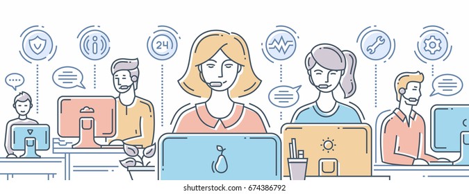 Call center - vector modern line design composition illustration with support team and its workplace. Header, banner for your website. Male, female office workers at the computers.