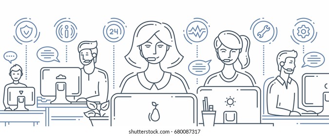 Call center - vector modern line design composition illustration with support team and its workplace. Header, banner for your website. Male, female office workers at the computers.