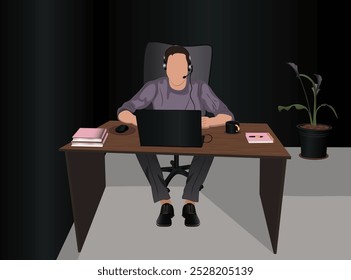 Call center in vector, office, the man working, there are notebook , books, cup, pen, computer with mouse in tne table, flower in a pot, black office,headphones , speeking with customer