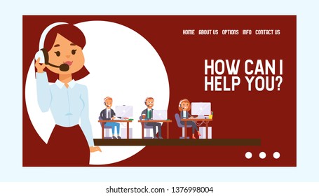 Call center vector web page people man woman character working in call-office to support customers illustration backdrop of beautiful operator in headset business web-page background.