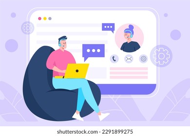 Call center violet concept with people scene in the flat cartoon style. Call center employees communicate via video chat and discuss how to help customers. Vector illustration.