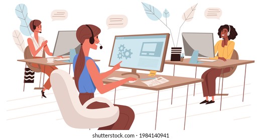 Call center web concept in flat style. Operators in headsets take calls, advise clients. Tech support or hotline service. People character activities scene. Vector illustration for website template