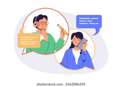 Call center web concept with flat cartoon people for website design.
