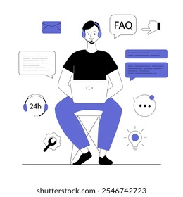 Conceito da Web do call center. Homem trabalhando como assistente virtual, atendendo a chamadas de clientes e resolvendo problemas de clientes on-line. Ilustração vetorial com pessoas de linha para web design.	
