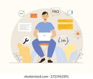 Conceito da Web do call center. Homem trabalhando como assistente virtual, atendendo a chamadas de clientes e resolvendo problemas de clientes on-line. Ilustração de vetor plano.	
