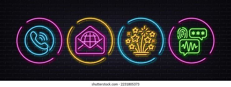 Centro de llamadas, correo web y estrellas de Fireworks iconos de línea mínimos. Luces 3d láser neón. Iconos de seguridad biométrica. Para web, aplicación, impresión. Vector