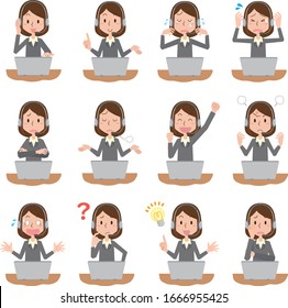 Call center woman facial expression set illustration