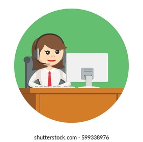 call center woman with her work desk in circle background