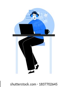 Call center. Woman With laptop and Headphones. Service center in hand drawn style. Technical support. The Girl Sits At The Table And Answers The Calls. Vector stock illustration.