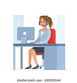 Call center woman operator at work. Flat style vector illustration isolated on white  background.