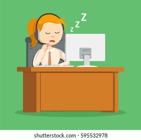 call center woman sleeping while work