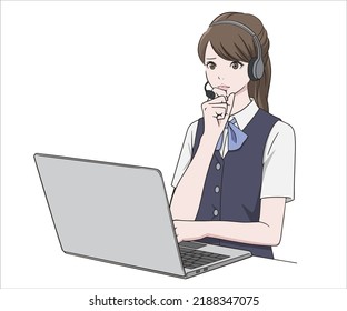 Call center woman in trouble in front of PC