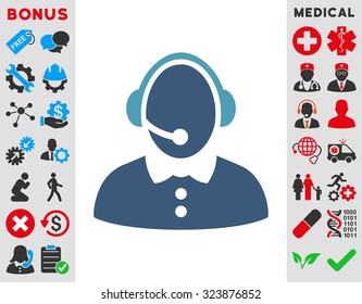 Call Center Woman vector icon. Style is bicolor flat symbol, cyan and blue colors, rounded angles, white background.