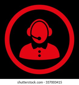 Call Center Woman vector icon. Style is flat rounded symbol, red color, rounded angles, black background.