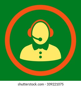 Call Center Woman vector icon. Style is bicolor flat rounded symbol, orange and yellow colors, rounded angles, green background.