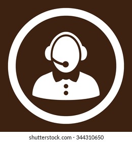 Call Center Woman vector icon. Style is flat rounded symbol, white color, rounded angles, brown background.