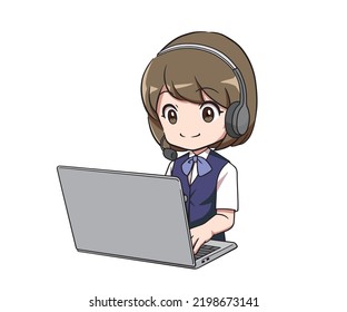 A call center woman working on a PC