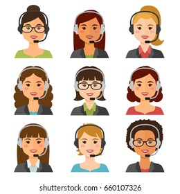 Call center women agents flat avatars with headphones. Online support service assistant. Vector illustration.