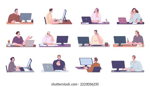 Call center worker characters. People talk, representative man or manager. Support and helping service, helpline for customer. Kicky vector person in headset