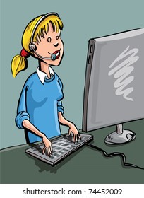 A call center worker at he station. She has a computer monitor i n front of her and has headphones and a mouthpiece