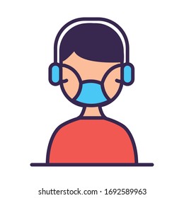 call center worker with headset and face mask line and fill vector illustration design
