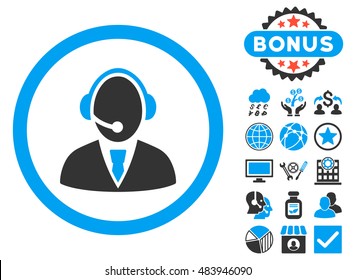 Call Center Worker icon with bonus symbols. Vector illustration style is flat iconic bicolor symbols, blue and gray colors, white background.