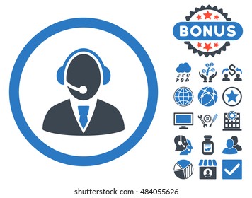 Call Center Worker icon with bonus symbols. Vector illustration style is flat iconic bicolor symbols, smooth blue colors, white background.