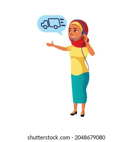 señora trabajadora del centro de llamadas hablando con el cliente sobre el vector de dibujos animados de entrega de pedidos. señora trabajadora del centro de llamadas hablando con el cliente sobre el carácter de entrega de pedidos. ilustración de dibujos animados planos aislados