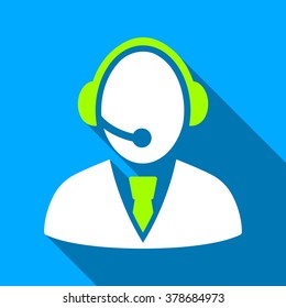 Call Center Worker long shadow vector icon. Style is a flat light symbol with rounded angles on a blue square background.