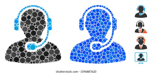 Call center worker mosaic of filled circles in variable sizes and color tints, based on call center worker icon. Vector filled circles are composed into blue composition.